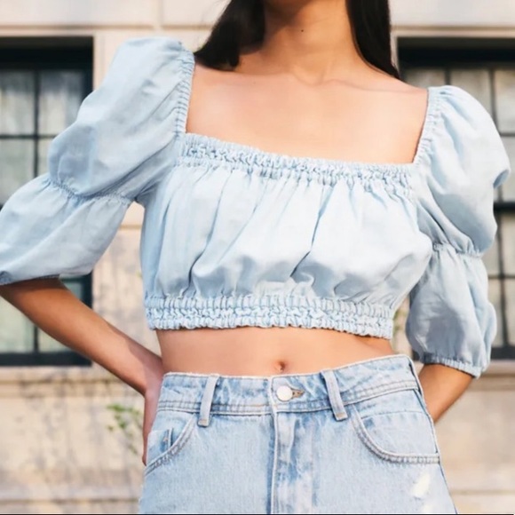 Zara Tops Zara Blue Linen Puffed Sleeve Crop Blouse Xs Poshmark